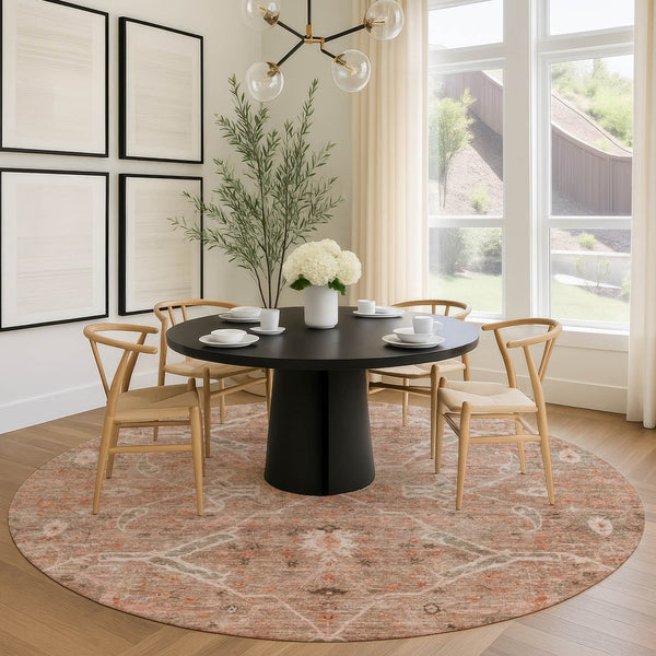 HomeRoots 8' Coral and Copper Round Floral Area Rug - Washable, Durable, Perfect for Indoor and Outdoor Spaces 658257
