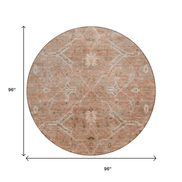 HomeRoots 8' Coral and Copper Round Floral Area Rug - Washable, Durable, Perfect for Indoor and Outdoor Spaces 658257