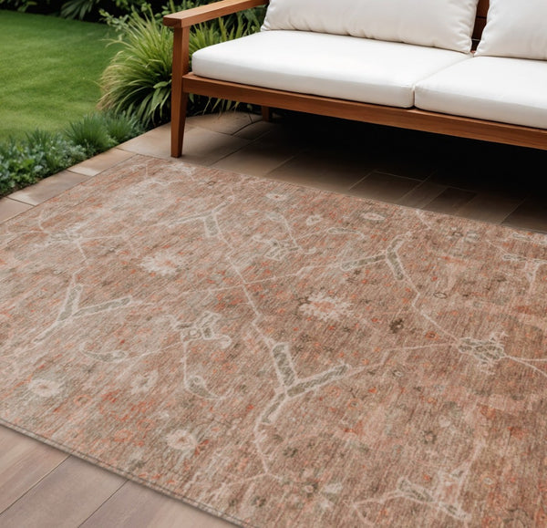 HomeRoots 10' Coral & Copper Floral Washable Area Rug - Durable, Stain-Resistant for Indoor & Outdoor Use 658260