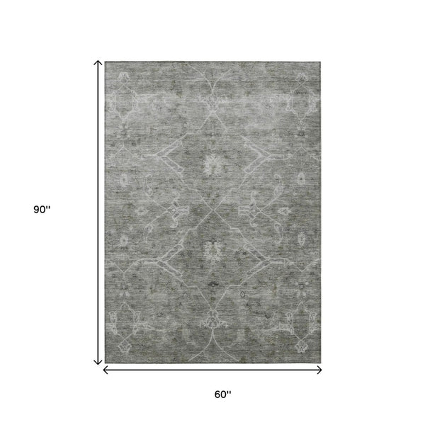 HomeRoots 5' X 8' Pewter and Gray Floral Area Rug - Durable, Washable, Indoor/Outdoor, Perfect for High-Traffic Spaces 658262