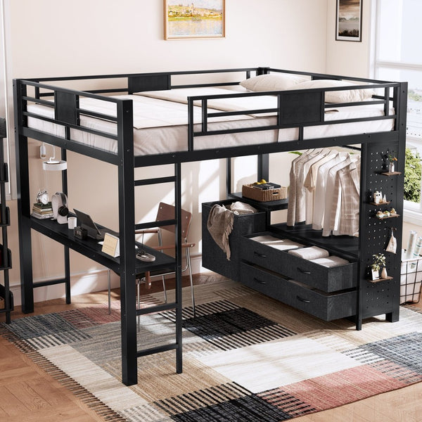 English Elm Queen Bunk Bed with Trundle Solid Pine Kids Car Themed Frame Built-in Bookshelf W1580S00440