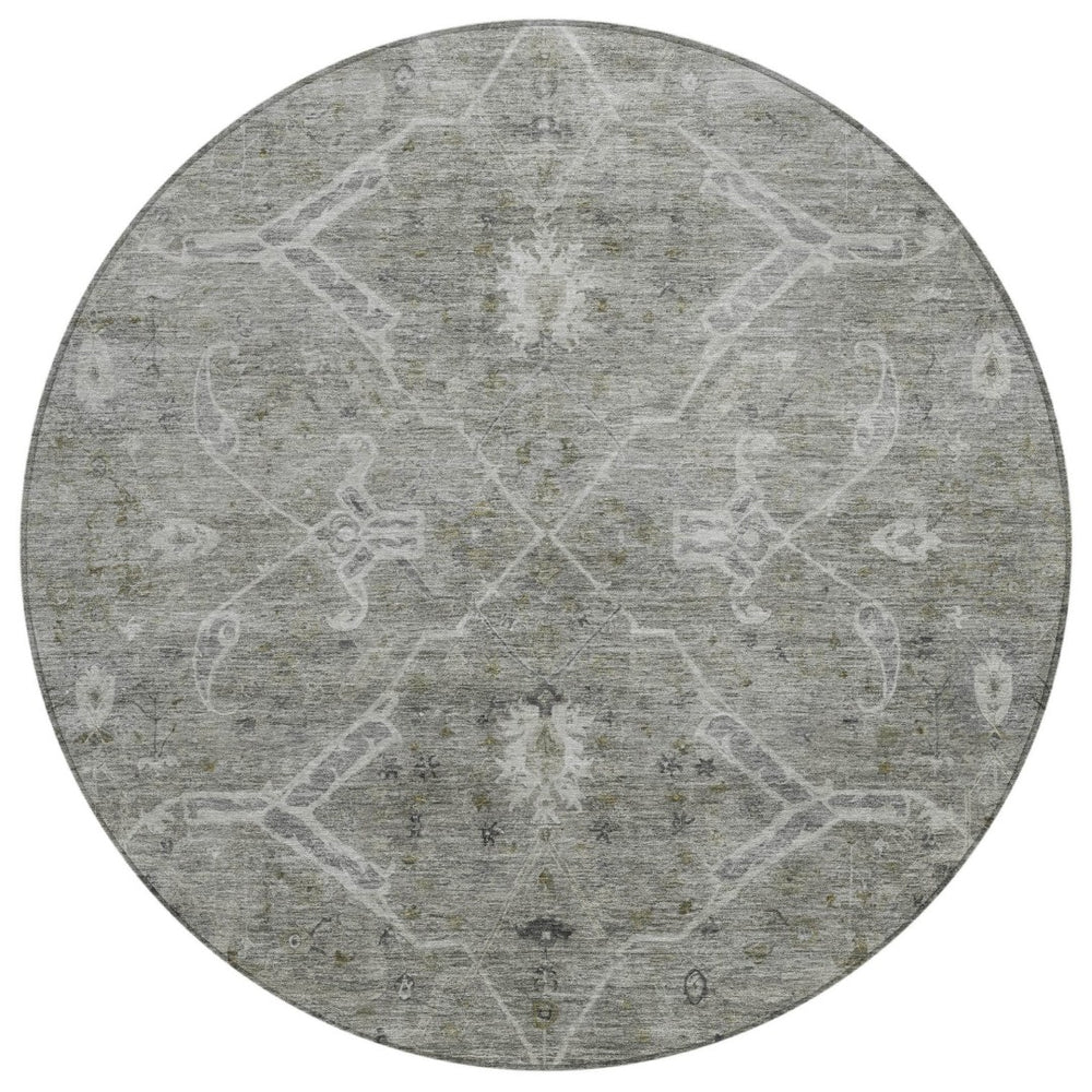 HomeRoots 8' Pewter and Gray Round Floral Area Rug – Stylish, Washable Indoor/Outdoor Design for Any Space 658263
