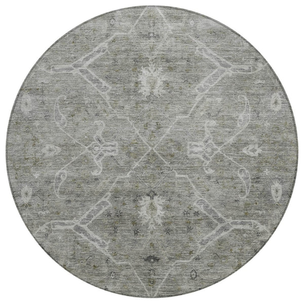 HomeRoots 8' Pewter and Gray Round Floral Area Rug – Stylish, Washable Indoor/Outdoor Design for Any Space 658263