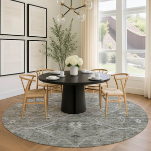 HomeRoots 8' Pewter and Gray Round Floral Area Rug – Stylish, Washable Indoor/Outdoor Design for Any Space 658263
