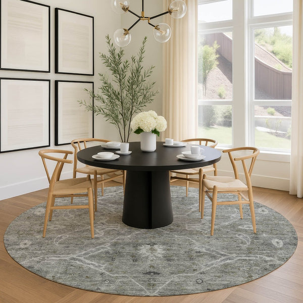 HomeRoots 8' Pewter and Gray Round Floral Area Rug – Stylish, Washable Indoor/Outdoor Design for Any Space 658263