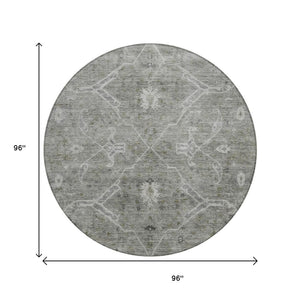 HomeRoots 8' Pewter and Gray Round Floral Area Rug – Stylish, Washable Indoor/Outdoor Design for Any Space 658263
