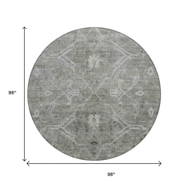 HomeRoots 8' Pewter and Gray Round Floral Area Rug – Stylish, Washable Indoor/Outdoor Design for Any Space 658263