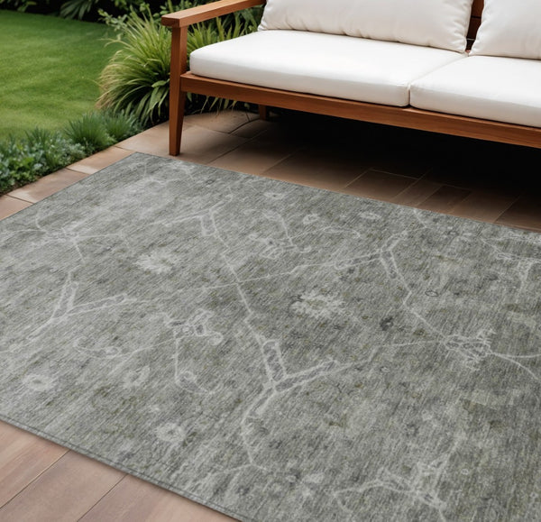 HomeRoots 9' X 12' Elegant Pewter & Gray Floral Washable Area Rug - Versatile Indoor/Outdoor Design! 658265