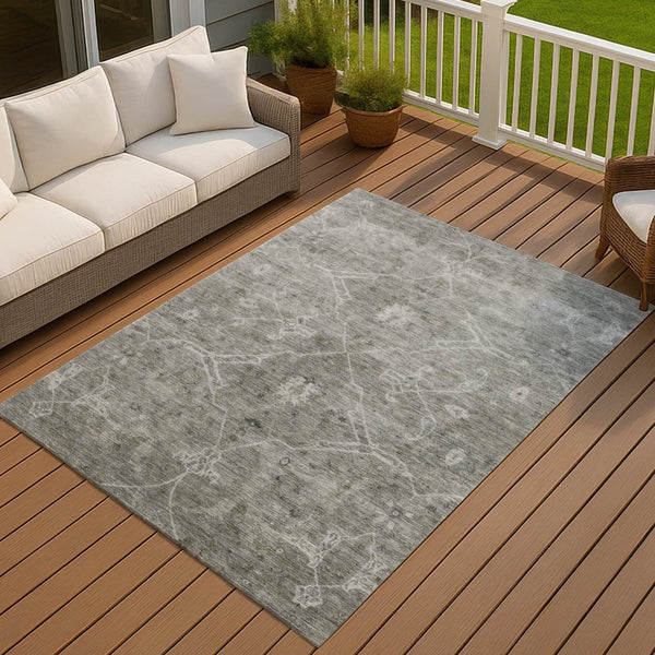 HomeRoots 9' X 12' Elegant Pewter & Gray Floral Washable Area Rug - Versatile Indoor/Outdoor Design! 658265