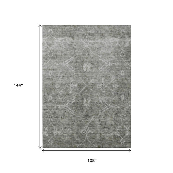 HomeRoots 9' X 12' Elegant Pewter & Gray Floral Washable Area Rug - Versatile Indoor/Outdoor Design! 658265