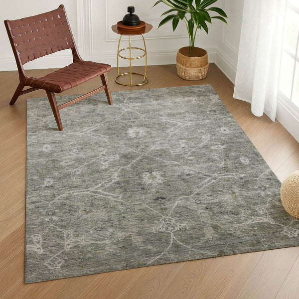 HomeRoots 9' X 12' Elegant Pewter & Gray Floral Washable Area Rug - Versatile Indoor/Outdoor Design! 658265