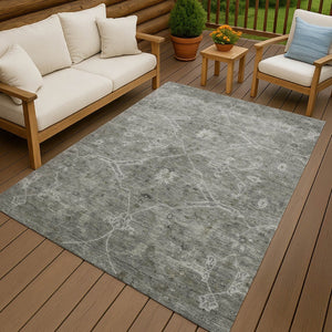 HomeRoots 9' X 12' Elegant Pewter & Gray Floral Washable Area Rug - Versatile Indoor/Outdoor Design! 658265