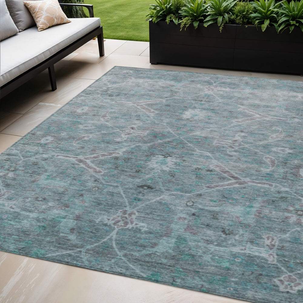 HomeRoots 5' X 8' Teal Blue and Gray Floral Rug - Durable, Washable, Stylish for Indoor & Outdoor Spaces 658268