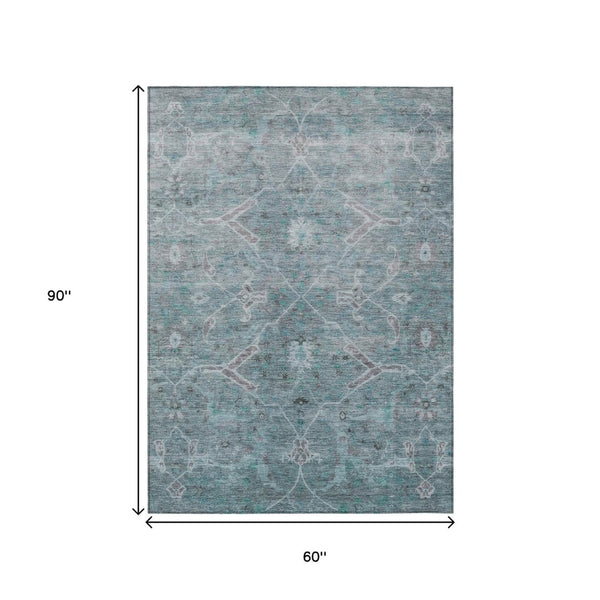HomeRoots 5' X 8' Teal Blue and Gray Floral Rug - Durable, Washable, Stylish for Indoor & Outdoor Spaces 658268