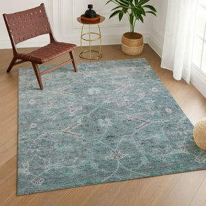 HomeRoots 5' X 8' Teal Blue and Gray Floral Rug - Durable, Washable, Stylish for Indoor & Outdoor Spaces 658268