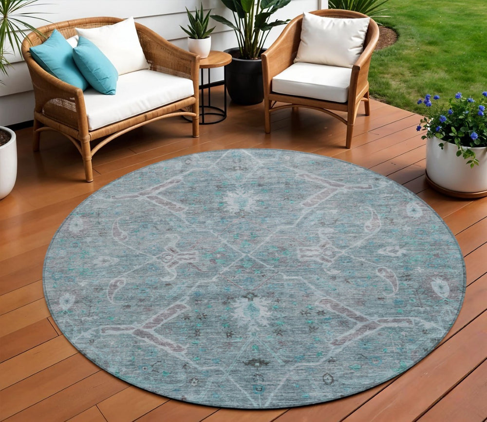 HomeRoots 8' Teal Blue and Gray Round Floral Area Rug – Stylish, Washable, Indoor/Outdoor, Durable Design 658269