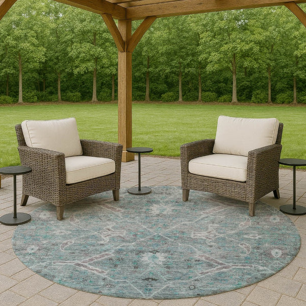 HomeRoots 8' Teal Blue and Gray Round Floral Area Rug – Stylish, Washable, Indoor/Outdoor, Durable Design 658269
