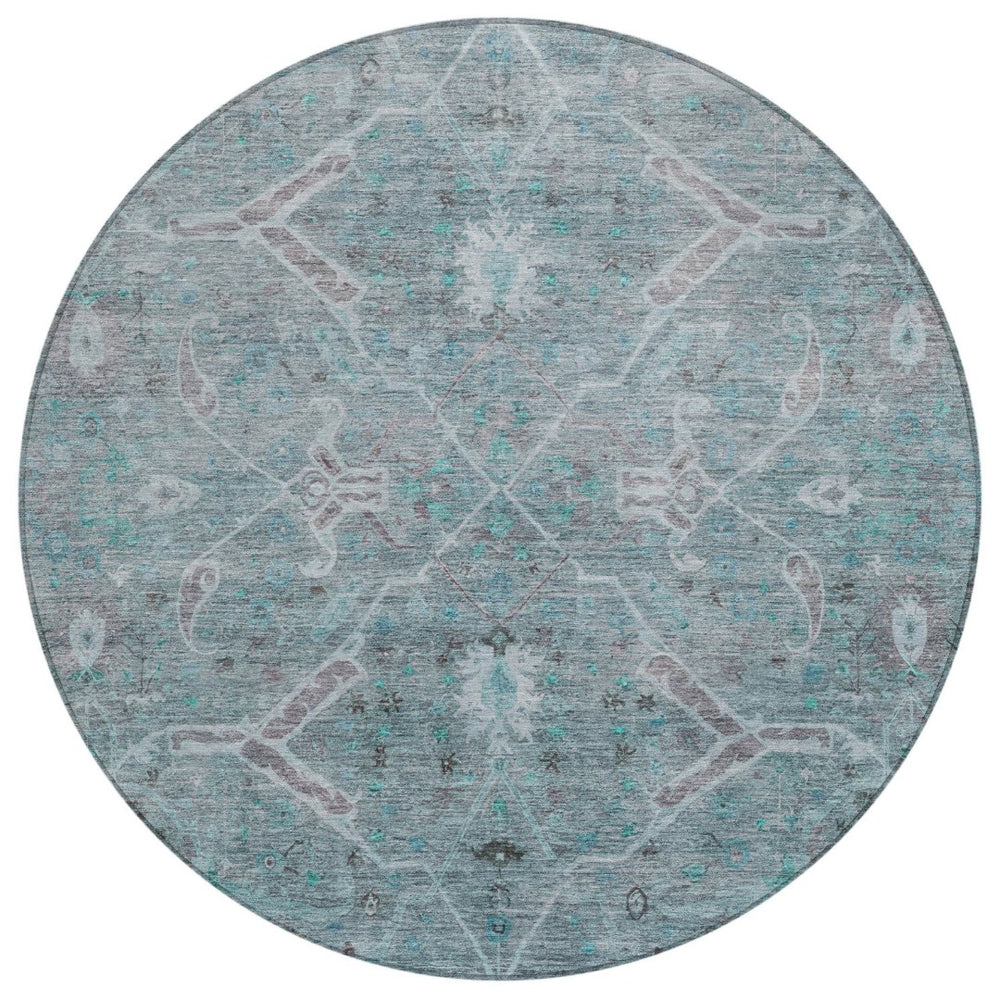 HomeRoots 8' Teal Blue and Gray Round Floral Area Rug – Stylish, Washable, Indoor/Outdoor, Durable Design 658269