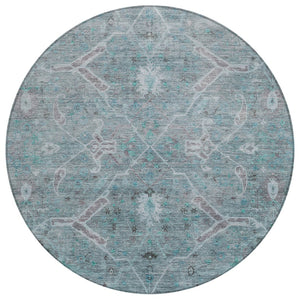 HomeRoots 8' Teal Blue and Gray Round Floral Area Rug – Stylish, Washable, Indoor/Outdoor, Durable Design 658269
