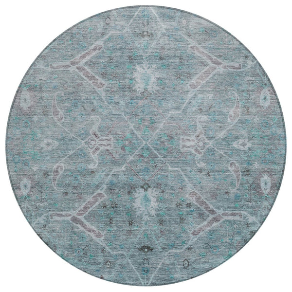 HomeRoots 8' Teal Blue and Gray Round Floral Area Rug – Stylish, Washable, Indoor/Outdoor, Durable Design 658269