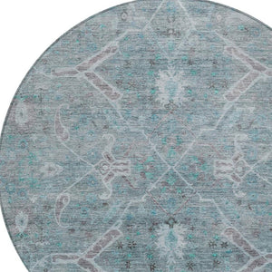 HomeRoots 8' Teal Blue and Gray Round Floral Area Rug – Stylish, Washable, Indoor/Outdoor, Durable Design 658269