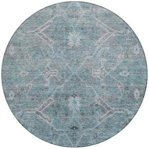 HomeRoots 8' Teal Blue and Gray Round Floral Area Rug – Stylish, Washable, Indoor/Outdoor, Durable Design 658269