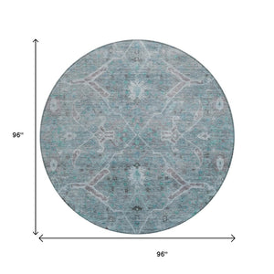 HomeRoots 8' Teal Blue and Gray Round Floral Area Rug – Stylish, Washable, Indoor/Outdoor, Durable Design 658269