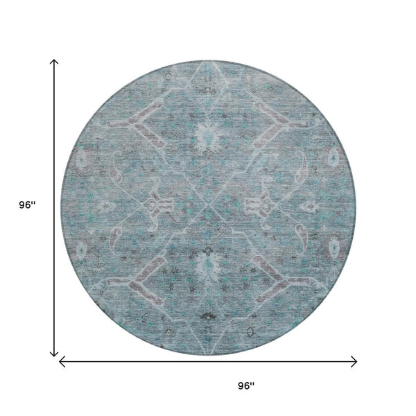 HomeRoots 8' Teal Blue and Gray Round Floral Area Rug – Stylish, Washable, Indoor/Outdoor, Durable Design 658269