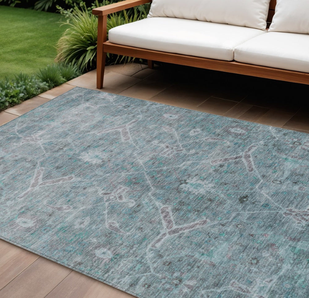 HomeRoots 8' X 10' Durable Teal Blue & Gray Floral Area Rug – Stylish, Washable for Indoor/Outdoor Use! 658270