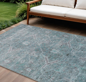 HomeRoots 8' X 10' Durable Teal Blue & Gray Floral Area Rug – Stylish, Washable for Indoor/Outdoor Use! 658270