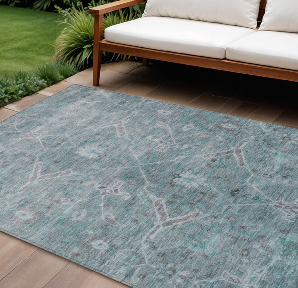 HomeRoots 9' X 12' Teal Blue and Gray Floral Area Rug – Stylish, Washable, Durable for Indoor & Outdoor Spaces 658271