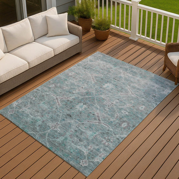 HomeRoots 9' X 12' Teal Blue and Gray Floral Area Rug – Stylish, Washable, Durable for Indoor & Outdoor Spaces 658271