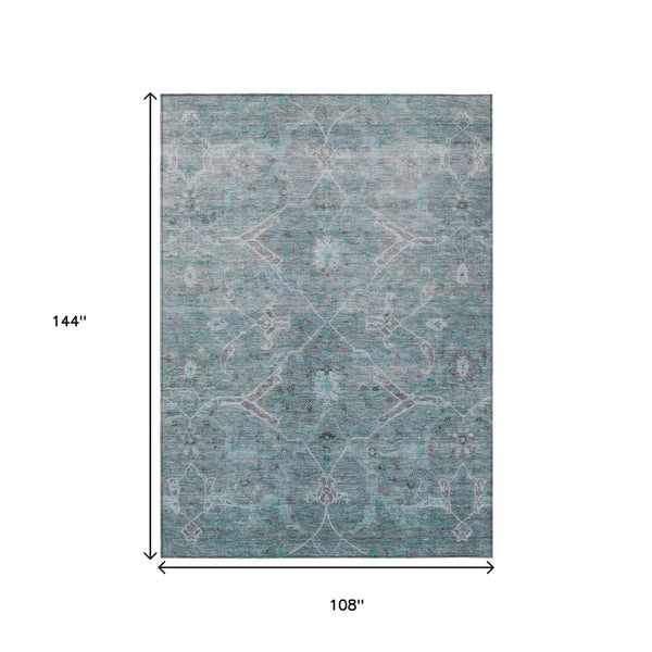 HomeRoots 9' X 12' Teal Blue and Gray Floral Area Rug – Stylish, Washable, Durable for Indoor & Outdoor Spaces 658271