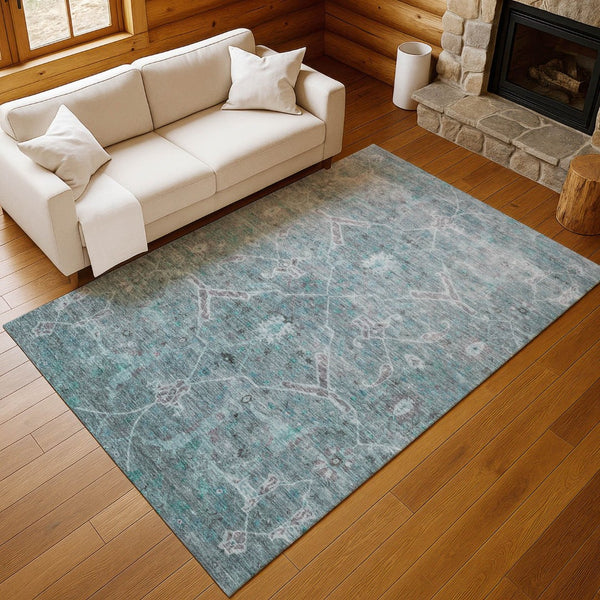 HomeRoots 9' X 12' Teal Blue and Gray Floral Area Rug – Stylish, Washable, Durable for Indoor & Outdoor Spaces 658271