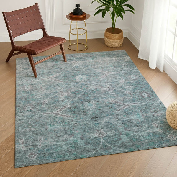 HomeRoots 9' X 12' Teal Blue and Gray Floral Area Rug – Stylish, Washable, Durable for Indoor & Outdoor Spaces 658271
