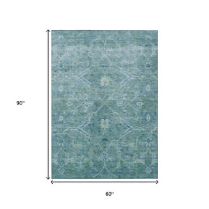 HomeRoots 5' X 8' Floral Turquoise and Ivory Area Rug - Washable, Durable Design for Indoor & Outdoor Use 658274
