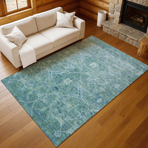 HomeRoots 5' X 8' Floral Turquoise and Ivory Area Rug - Washable, Durable Design for Indoor & Outdoor Use 658274