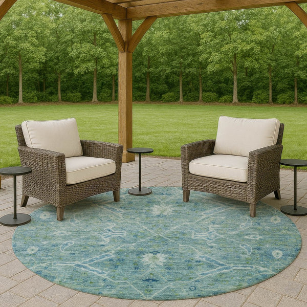 HomeRoots 8' Turquoise and Ivory Floral Round Area Rug - Stylish, Washable, Indoor/Outdoor Charm for Home 658275