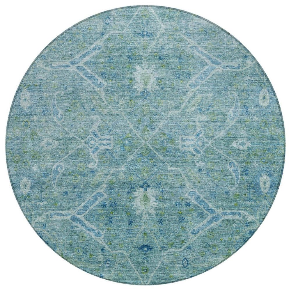 HomeRoots 8' Turquoise and Ivory Floral Round Area Rug - Stylish, Washable, Indoor/Outdoor Charm for Home 658275