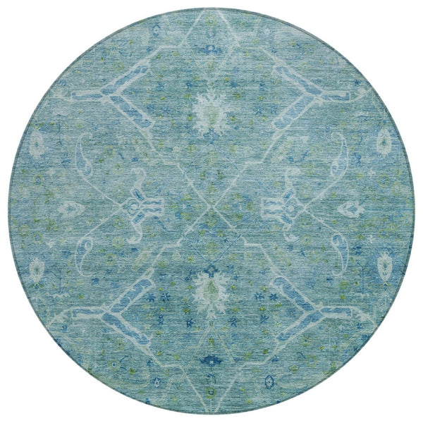 HomeRoots 8' Turquoise and Ivory Floral Round Area Rug - Stylish, Washable, Indoor/Outdoor Charm for Home 658275