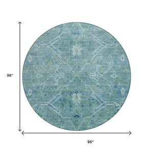 HomeRoots 8' Turquoise and Ivory Floral Round Area Rug - Stylish, Washable, Indoor/Outdoor Charm for Home 658275