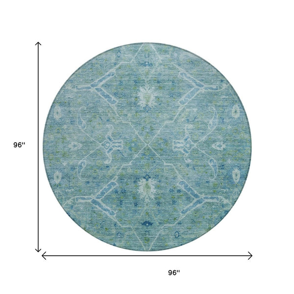 HomeRoots 8' Turquoise and Ivory Floral Round Area Rug - Stylish, Washable, Indoor/Outdoor Charm for Home 658275