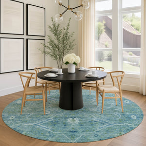 HomeRoots 8' Turquoise and Ivory Floral Round Area Rug - Stylish, Washable, Indoor/Outdoor Charm for Home 658275