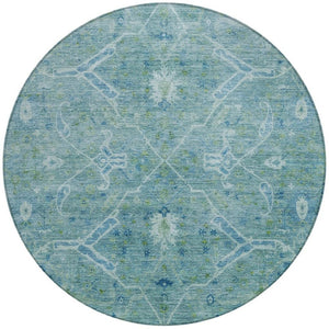 HomeRoots 8' Turquoise and Ivory Floral Round Area Rug - Stylish, Washable, Indoor/Outdoor Charm for Home 658275