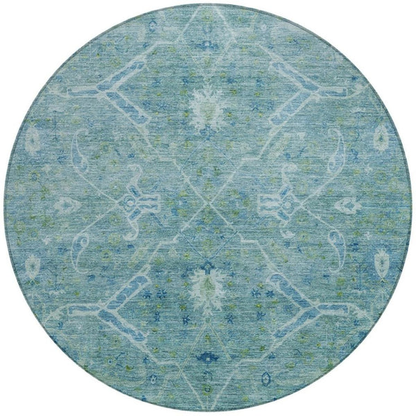 HomeRoots 8' Turquoise and Ivory Floral Round Area Rug - Stylish, Washable, Indoor/Outdoor Charm for Home 658275