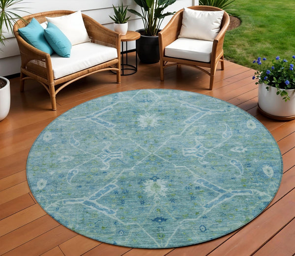 HomeRoots 8' Turquoise and Ivory Floral Round Area Rug - Stylish, Washable, Indoor/Outdoor Charm for Home 658275