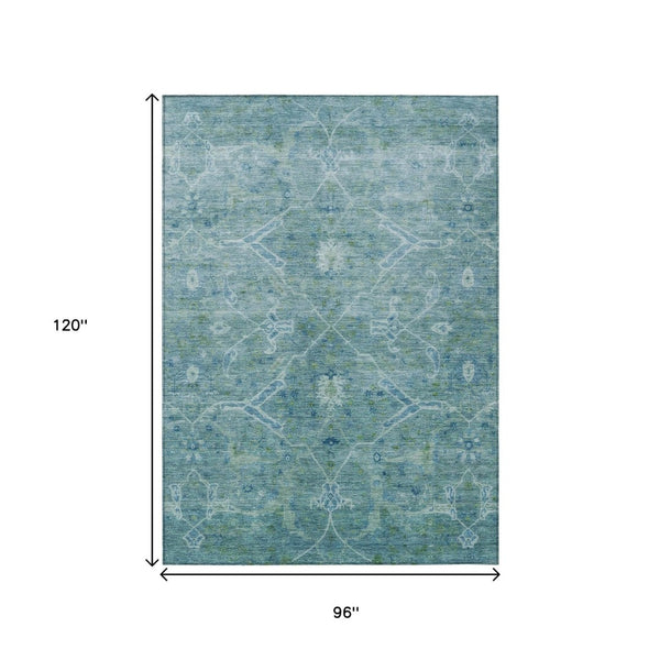 HomeRoots 8' X 10' Turquoise Floral Indoor Outdoor Rug - Durable, Washable, Stain-Resistant, Stylish Design 658276