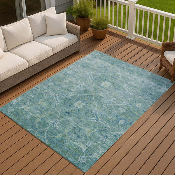 HomeRoots 8' X 10' Turquoise Floral Indoor Outdoor Rug - Durable, Washable, Stain-Resistant, Stylish Design 658276