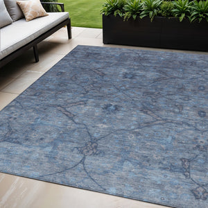 HomeRoots 5' Blue and Gray Floral Area Rug - Washable, Durable Indoor/Outdoor Design for High-Traffic Spaces 658280