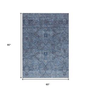 HomeRoots 5' Blue and Gray Floral Area Rug - Washable, Durable Indoor/Outdoor Design for High-Traffic Spaces 658280